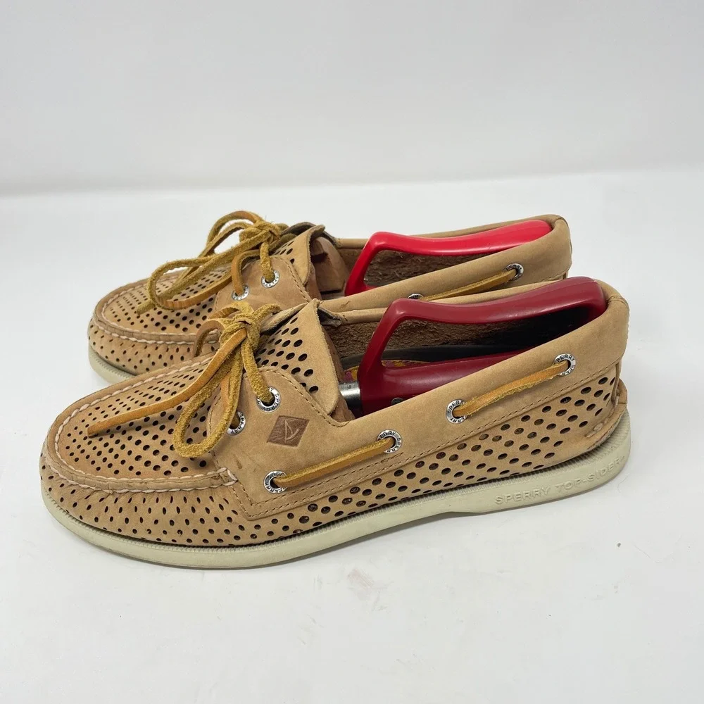 Sperry Top-Sider Mens 7M Authentic Original Tan Perforated Leather Boat Shoes